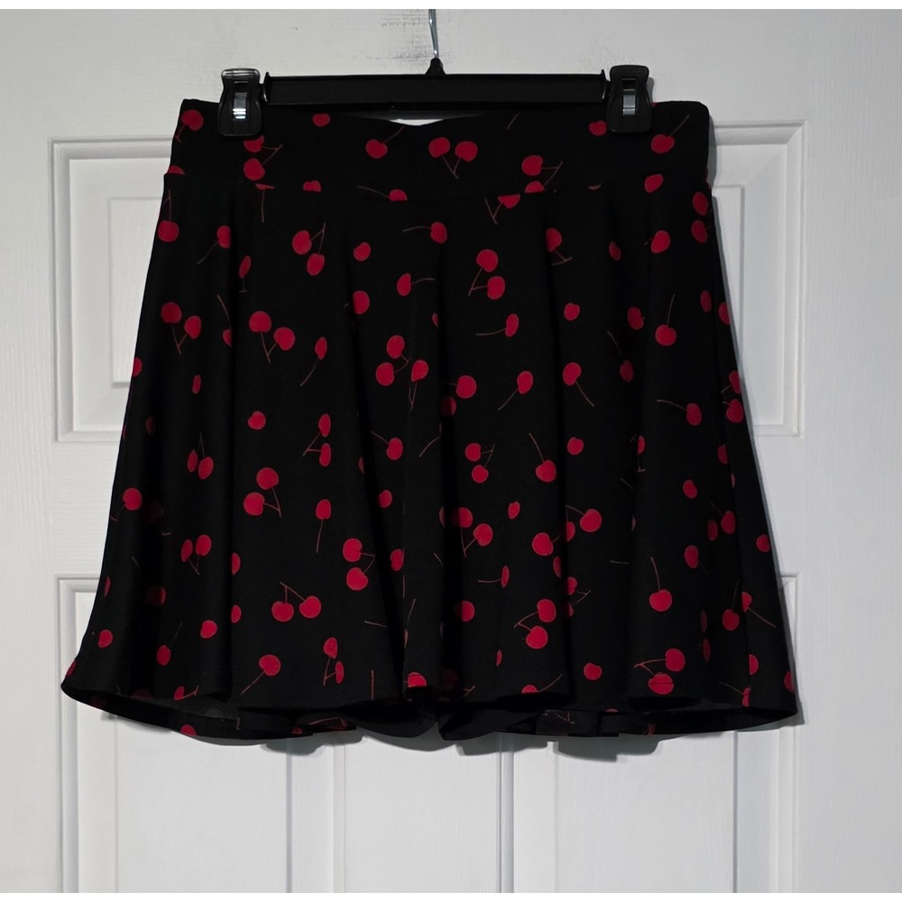 DJT Women Black Red Cherry Print Skater Mini Skirt High Waist Flared Size L